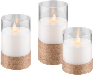3er-Set LED-Echtwachs-Kerzen im Glas, weiß, mit Hanf umwickelt