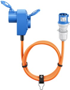 CEE-Adapterleitung, CEE-Stecker auf 90° CEE-Kupplung und Schutzkontakt-Kupplung, 1,5 m