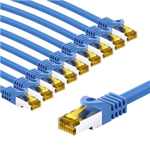 RJ45 Patch Cord CAT 6A S/FTP (PiMF), 500 MHz, with CAT 7 Raw Cable, 2 m, blue, Set of 10