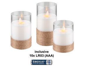 3er-Set LED-Echtwachs-Kerzen im Glas, weiß, mit Hanf umwickelt, inkl. 10x AAA (LR03)